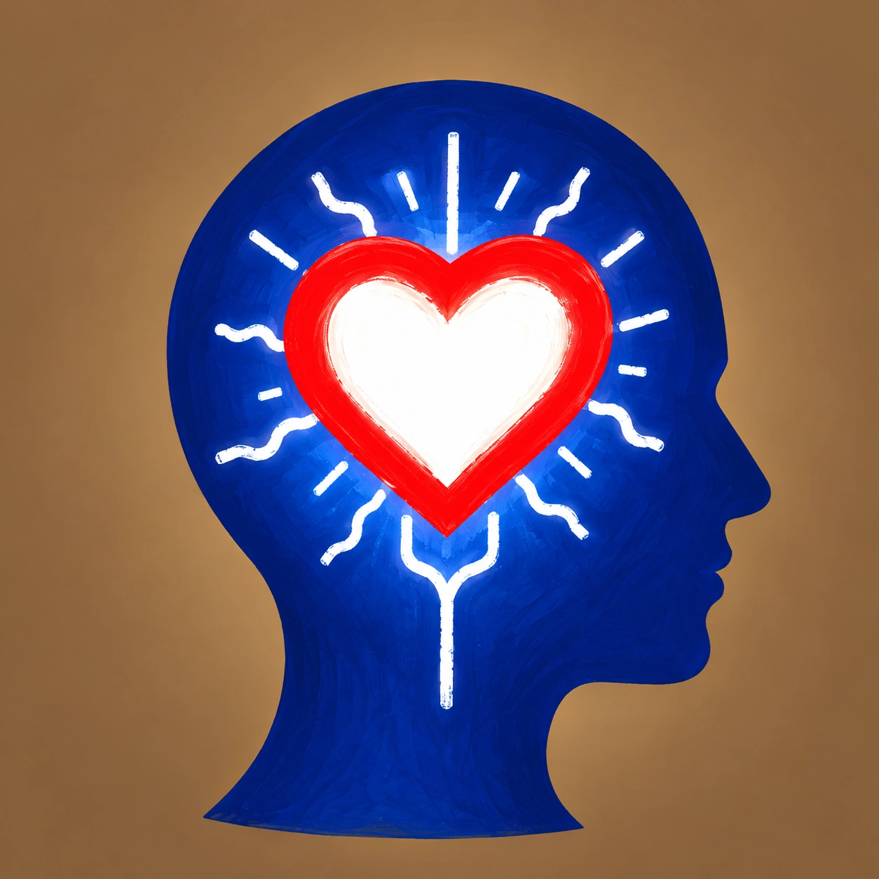 Head silhouette with a glowing heart for psychotherapy and integration